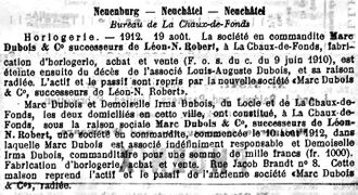 1912 incorporation of Marc Dubois & Co